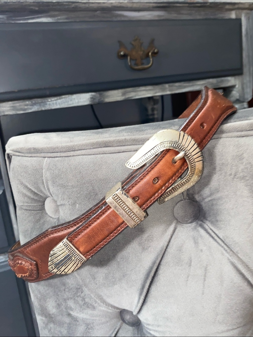 Vintage 1991 3D Belt Co Tooled Leather Western Ranger Belt Silver Hardware